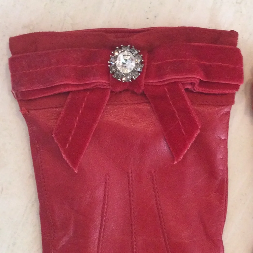 Vintage Coach Red Leather Gloves Silk Lining Women Size 8 Velvet Trim Rhinestone